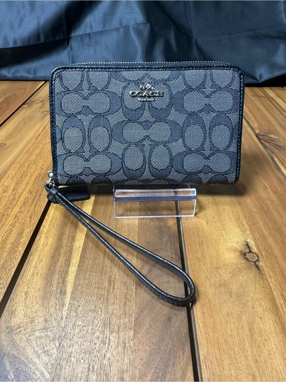 Coach Gray and Black Signature Zip Around Wristlet Wallet